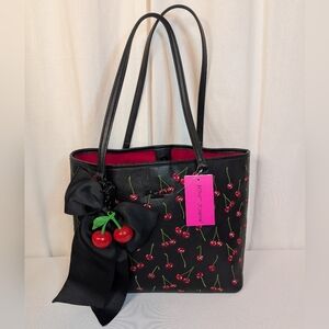Betsey Johnson Cherry Best Tote Embellished Black Bag NWT